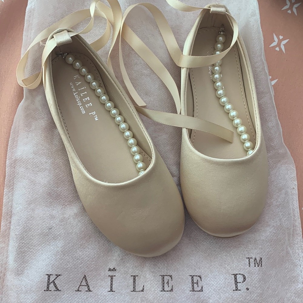 Ivory Satin Flats with Pearls Ankle Straps